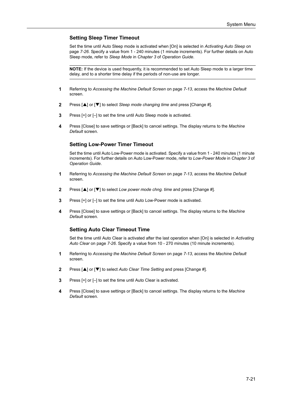 Setting sleep timer timeout -21, Setting low-power timer timeout -21, Setting auto clear timeout time -21 | TA Triumph-Adler DCC 2520 User Manual | Page 269 / 378