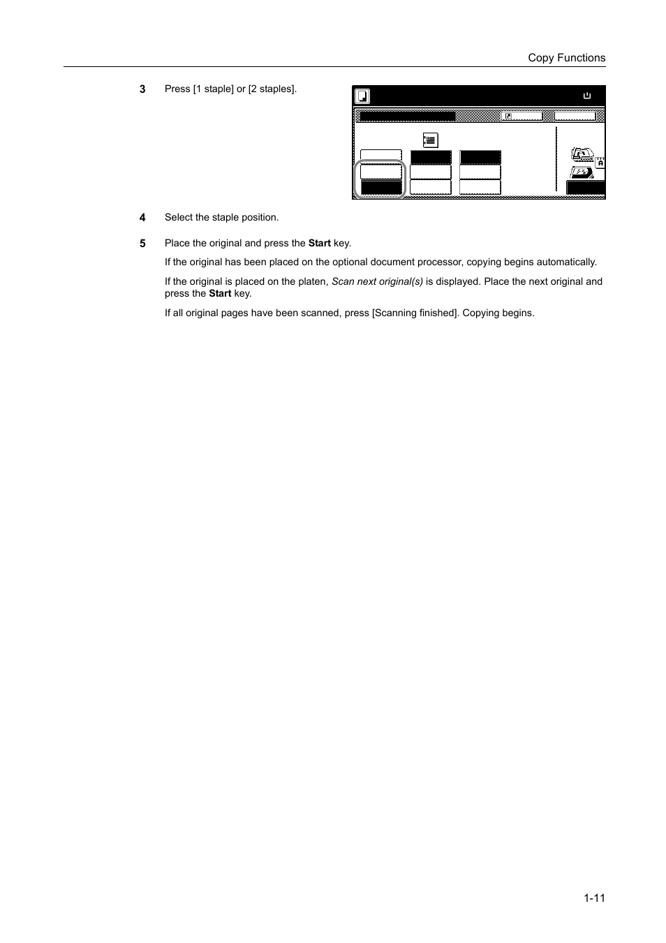 Copy functions 1-11 3, Press [1 staple] or [2 staples, Select the staple position | Ready to copy. ( ) full-color | TA Triumph-Adler DCC 2520 User Manual | Page 27 / 378