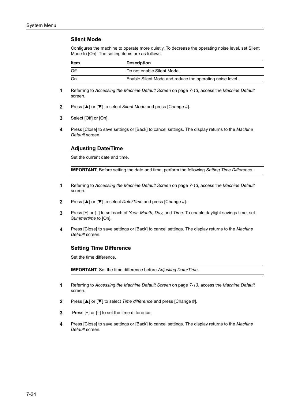 Silent mode -24, Adjusting date/time -24, Setting time difference -24 | TA Triumph-Adler DCC 2520 User Manual | Page 272 / 378