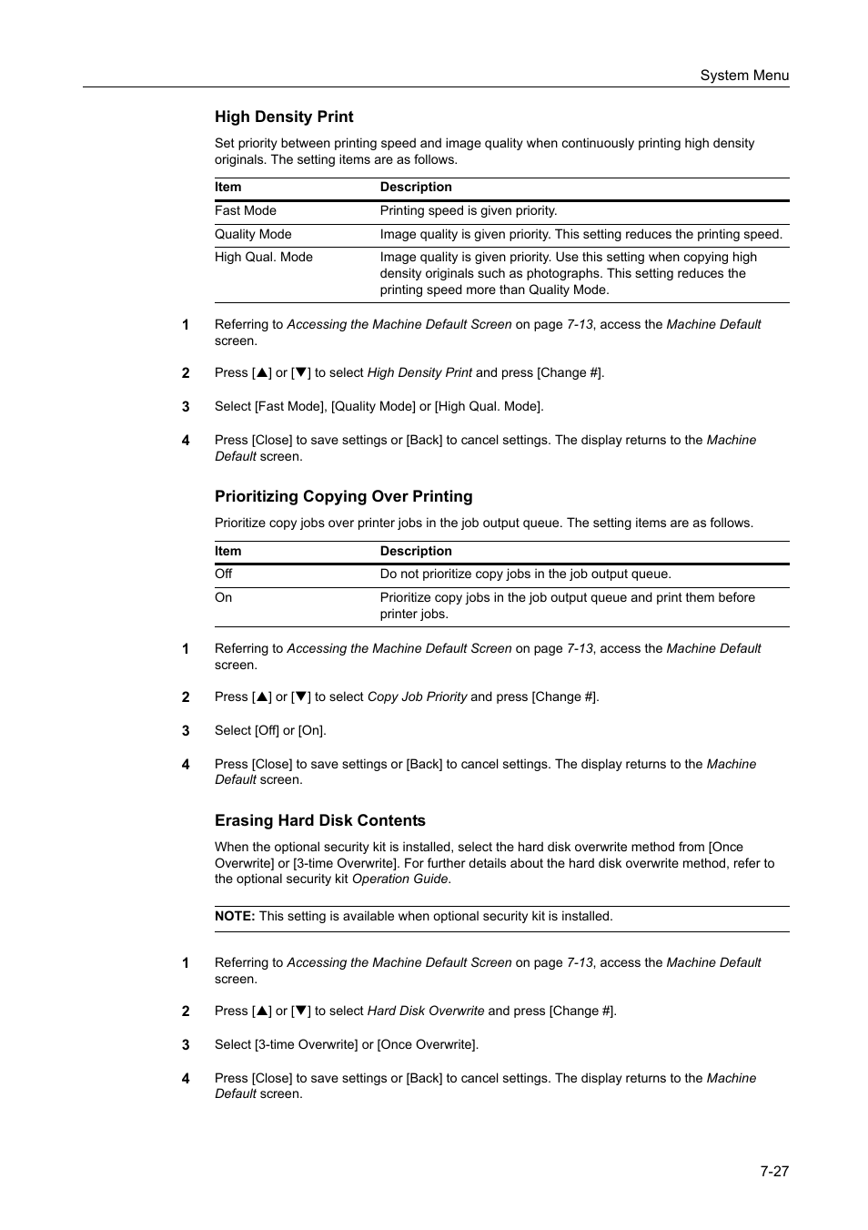 High density print -27, Prioritizing copying over printing -27, Erasing hard disk contents -27 | TA Triumph-Adler DCC 2520 User Manual | Page 275 / 378