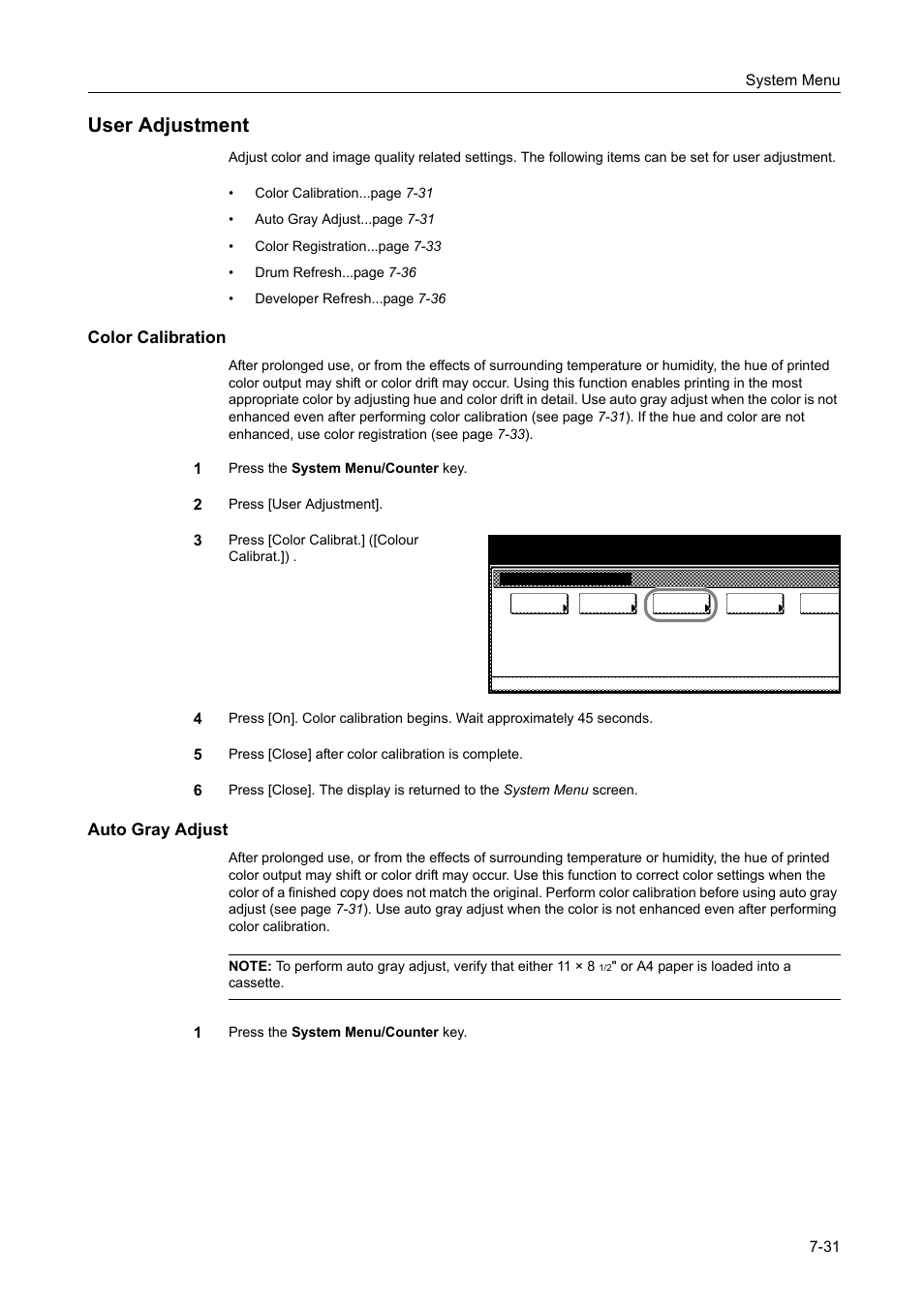 User adjustment, Color calibration, Auto gray adjust | User adjustment -31 | TA Triumph-Adler DCC 2520 User Manual | Page 279 / 378