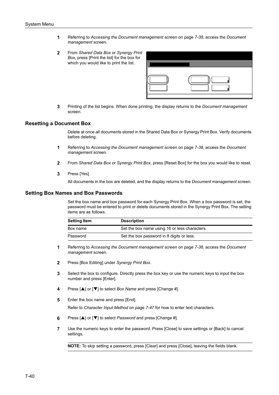 Resetting a document box, Setting box names and box passwords, Resetting a document box -40 | Setting box names and box passwords -40 | TA Triumph-Adler DCC 2520 User Manual | Page 288 / 378