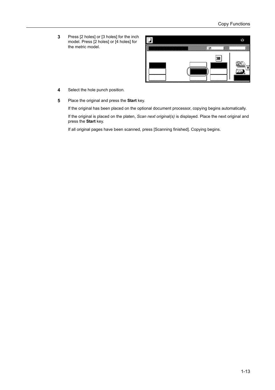 Copy functions 1-13 3, Select the hole punch position, Ready to copy. ( ) full-color | TA Triumph-Adler DCC 2520 User Manual | Page 29 / 378