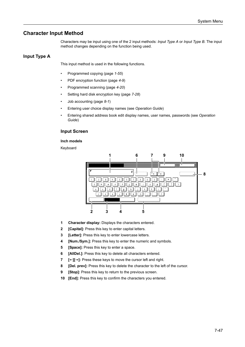 Character input method, Input type a, Character input method -47 | Input screen | TA Triumph-Adler DCC 2520 User Manual | Page 295 / 378