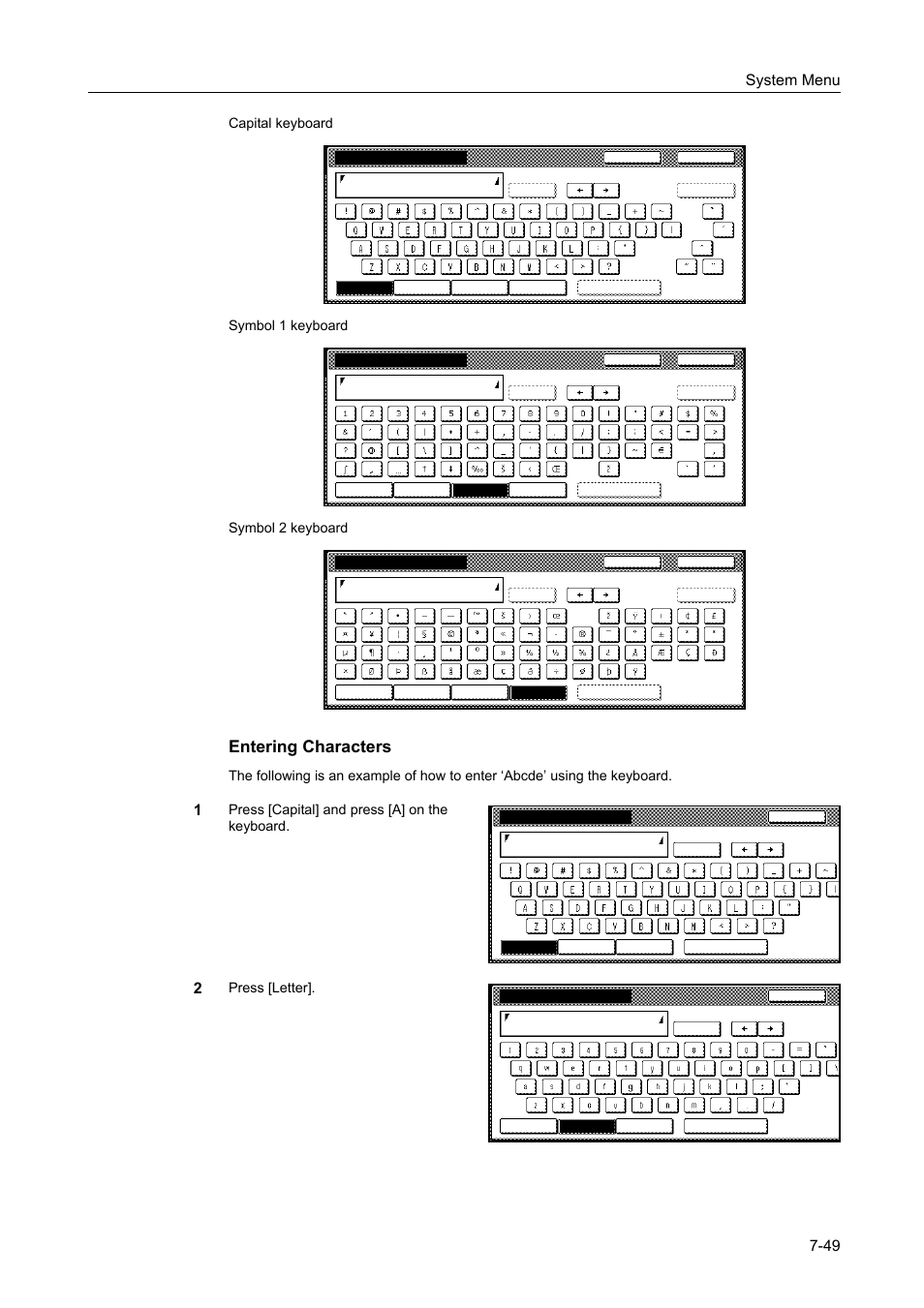 Entering characters, System menu 7-49, Press [capital] and press [a] on the keyboard | Press [letter | TA Triumph-Adler DCC 2520 User Manual | Page 297 / 378