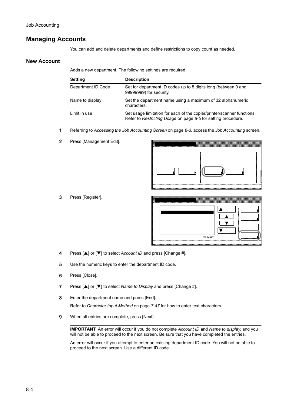 Managing accounts, New account, Managing accounts -4 | TA Triumph-Adler DCC 2520 User Manual | Page 304 / 378