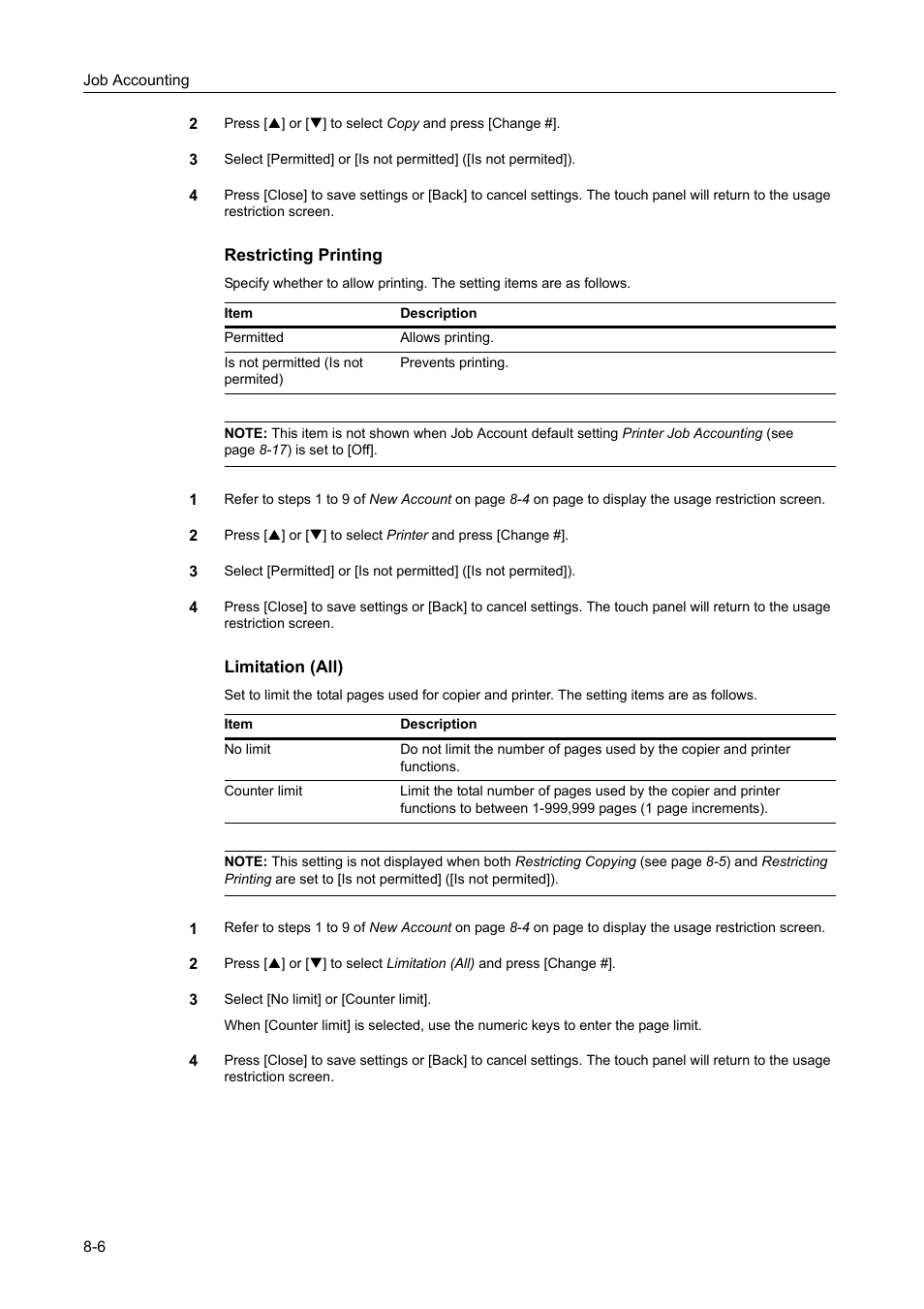 Restricting printing -6, Limitation (all) -6 | TA Triumph-Adler DCC 2520 User Manual | Page 306 / 378