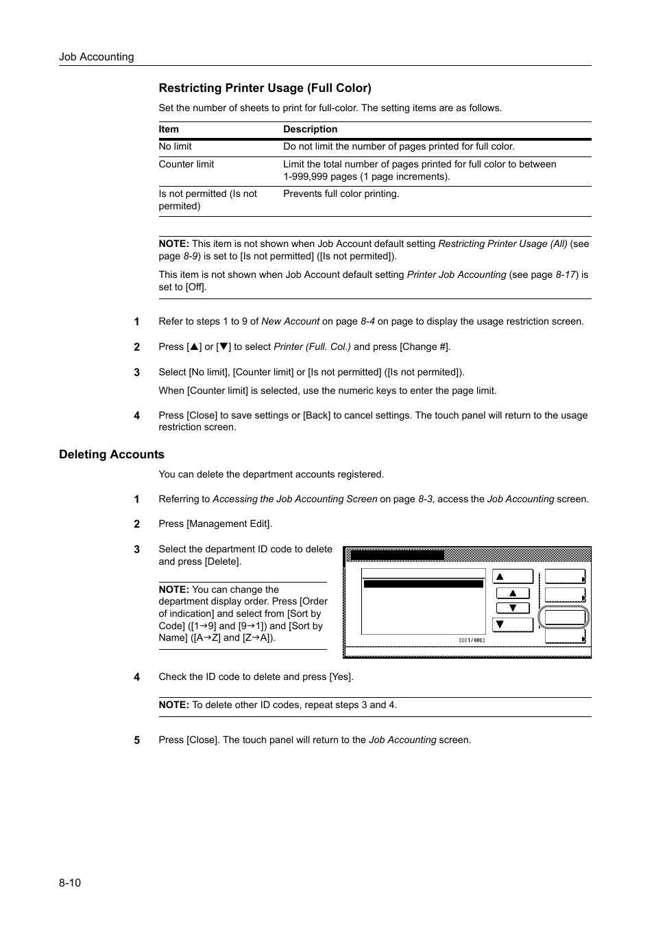 Deleting accounts, Restricting printer usage (full color) -10, Restricting printer usage (full color) | TA Triumph-Adler DCC 2520 User Manual | Page 310 / 378