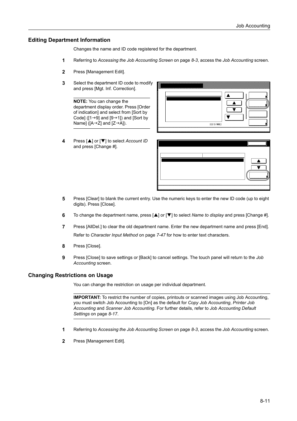 Editing department information, Changing restrictions on usage, Job accounting 8-11 | TA Triumph-Adler DCC 2520 User Manual | Page 311 / 378