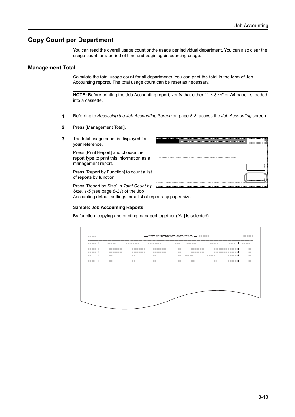 Copy count per department, Management total, Copy count per department -13 | Job accounting 8-13, Or a4 paper is loaded into a cassette, Press [management total | TA Triumph-Adler DCC 2520 User Manual | Page 313 / 378