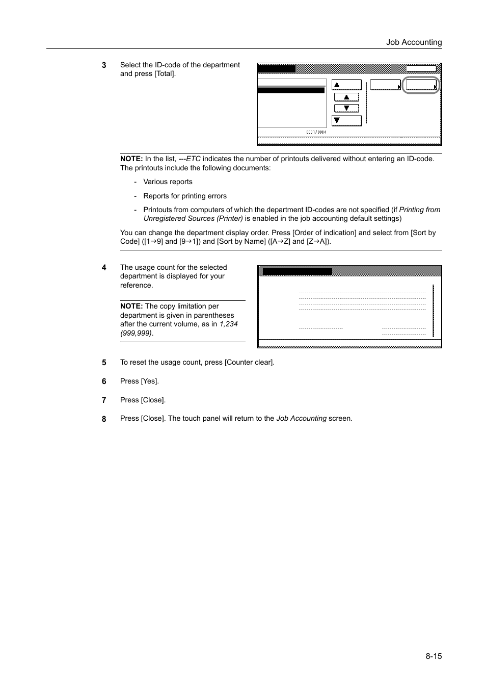 Job accounting 8-15 3, Press [yes, Press [close | TA Triumph-Adler DCC 2520 User Manual | Page 315 / 378