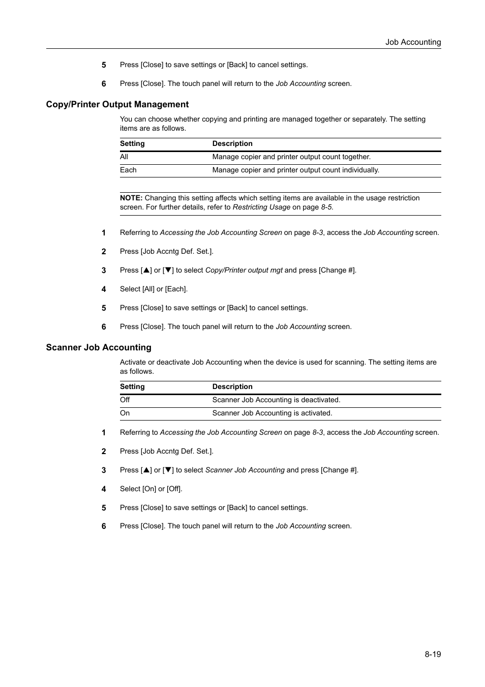 Copy/printer output management, Scanner job accounting, D scanner job accounting | For copy/printer output management, Copy/printer output management -19, Scanner job accounting -19 | TA Triumph-Adler DCC 2520 User Manual | Page 319 / 378
