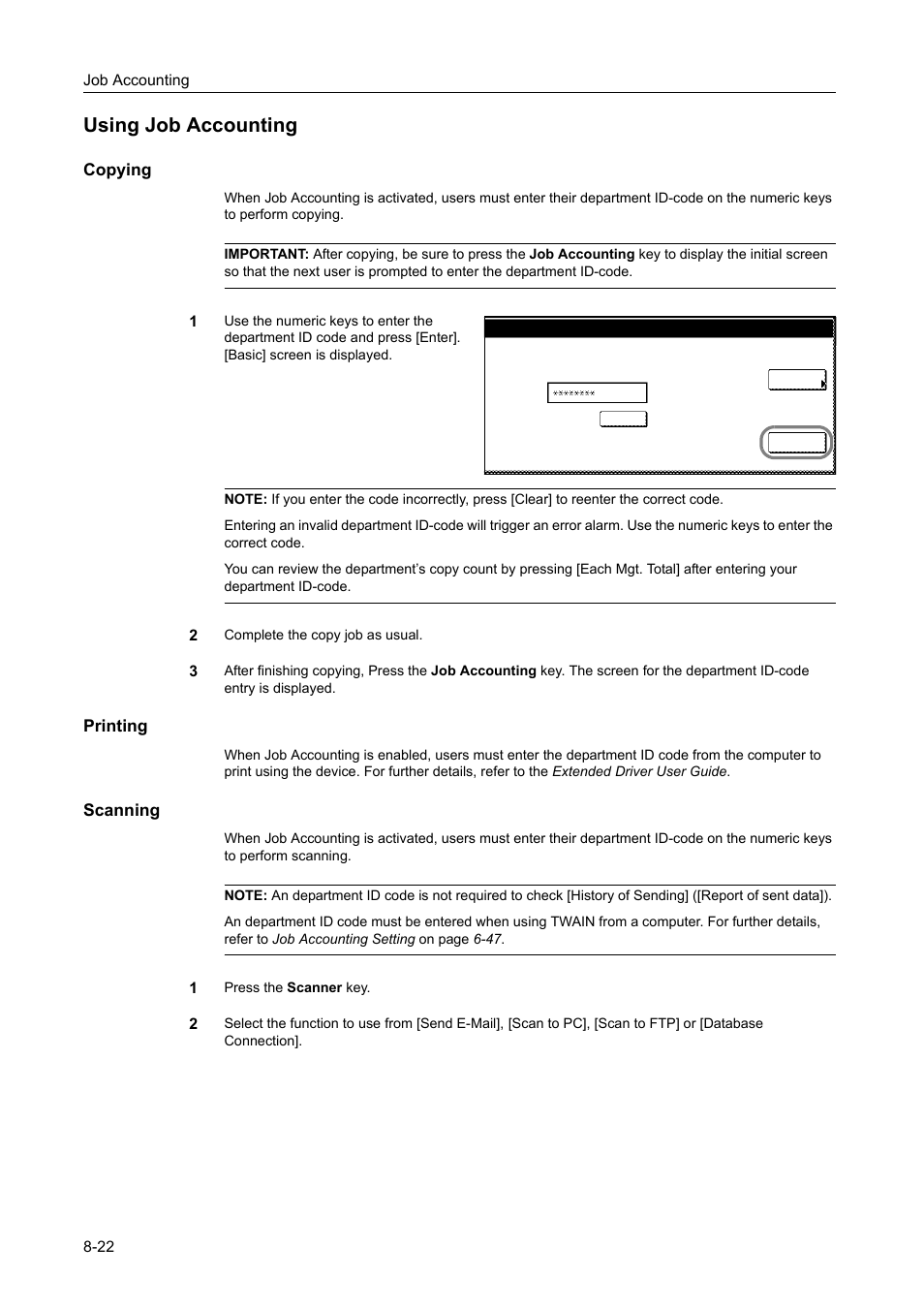 Using job accounting, Copying, Printing | Scanning, Using job accounting -22 | TA Triumph-Adler DCC 2520 User Manual | Page 322 / 378