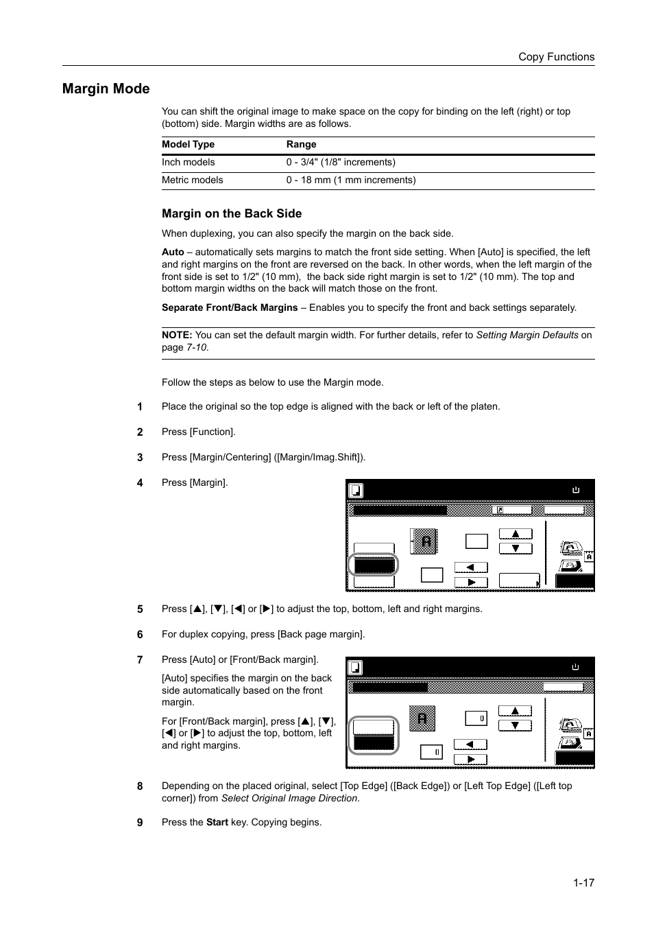 Margin mode, Margin mode -17, Margin on the back side | Copy functions 1-17 | TA Triumph-Adler DCC 2520 User Manual | Page 33 / 378