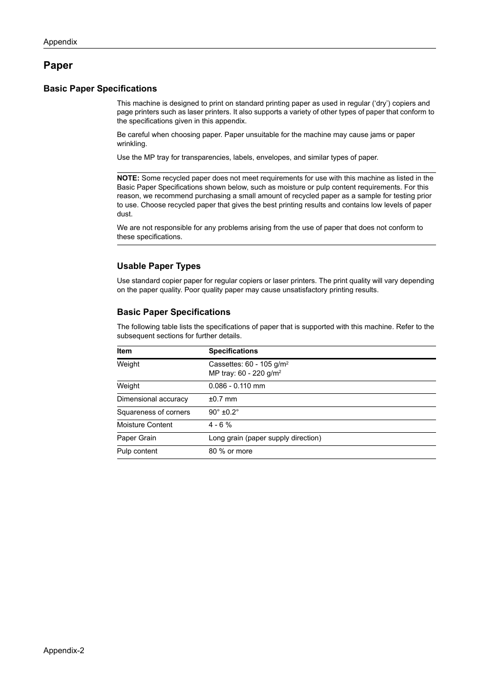 Paper, Basic paper specifications, Paper...appendix-2 | TA Triumph-Adler DCC 2520 User Manual | Page 346 / 378