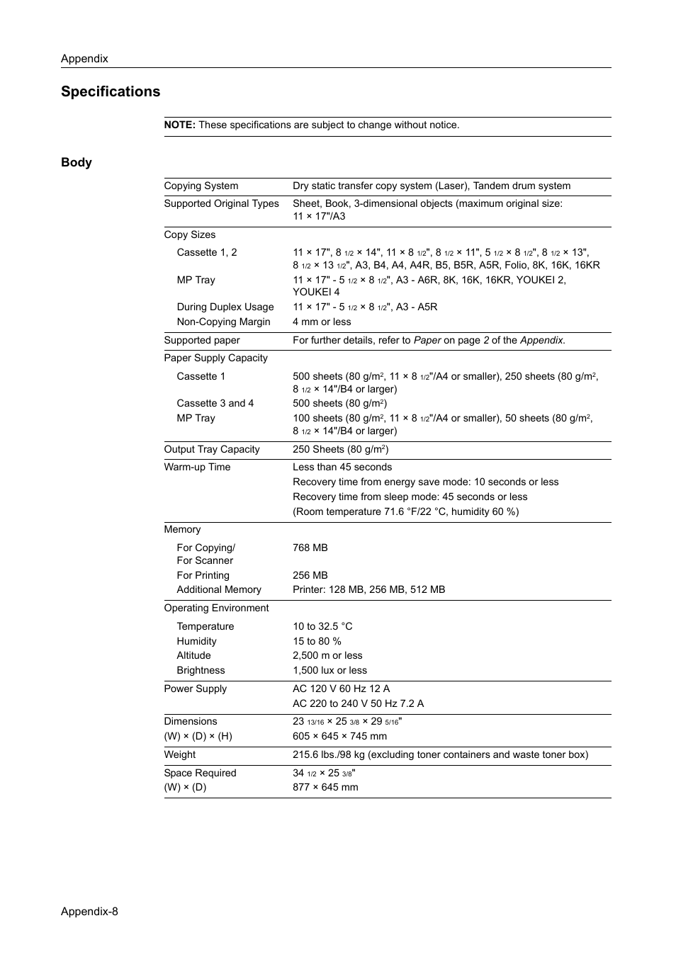 Specifications, Body, Specifications...appendix-8 | TA Triumph-Adler DCC 2520 User Manual | Page 352 / 378
