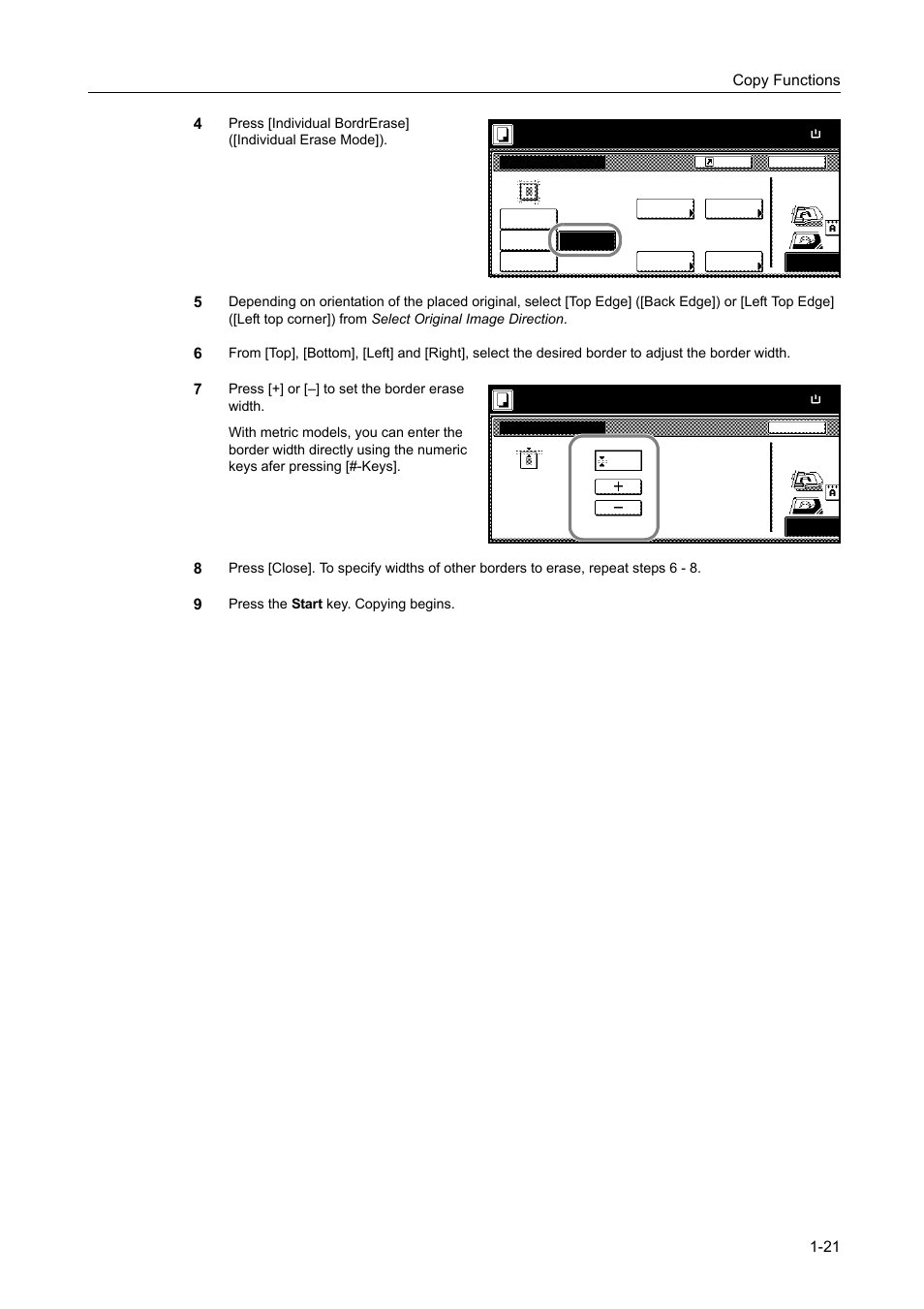 Copy functions 1-21 4, Press the start key. copying begins, Ready to copy. ( ) full-color | Ready to copy, Full-color | TA Triumph-Adler DCC 2520 User Manual | Page 37 / 378