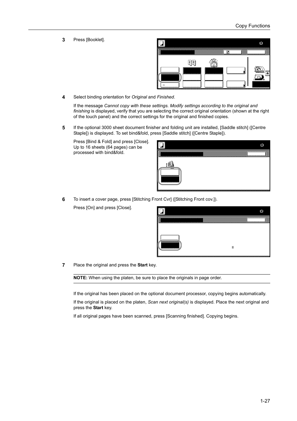 Copy functions 1-27 3, Press [booklet, 2 sided mode | Full-color, 2 sided mode. ( ) full-color | TA Triumph-Adler DCC 2520 User Manual | Page 43 / 378