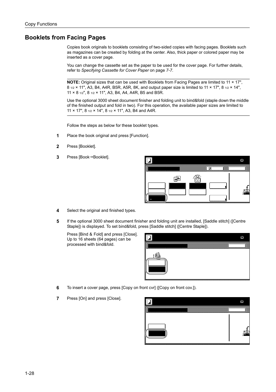 Booklets from facing pages, Copy functions 1-28, Ч 14", 8 | Place the book original and press [function, Press [booklet, Press [bookjbooklet, Select the original and finished types, Press [on] and press [close | TA Triumph-Adler DCC 2520 User Manual | Page 44 / 378