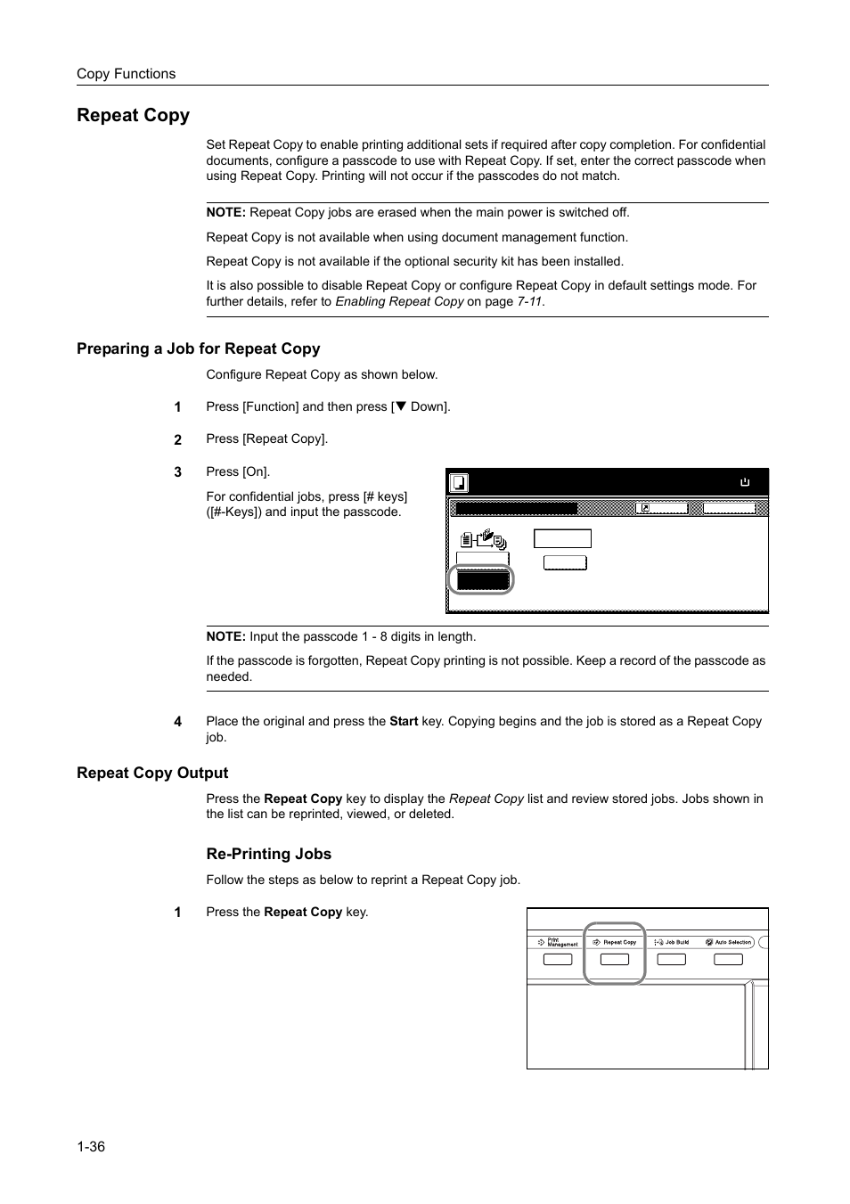 Repeat copy, Preparing a job for repeat copy, Repeat copy output | Repeat copy -36, Re-printing jobs | TA Triumph-Adler DCC 2520 User Manual | Page 52 / 378