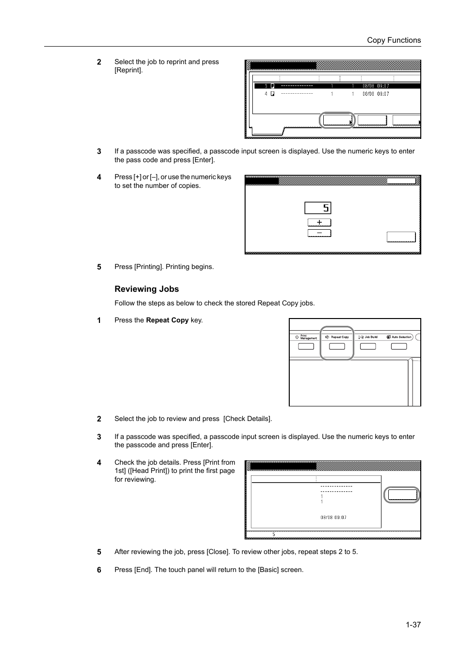 Reviewing jobs, Copy functions 1-37 2 | TA Triumph-Adler DCC 2520 User Manual | Page 53 / 378