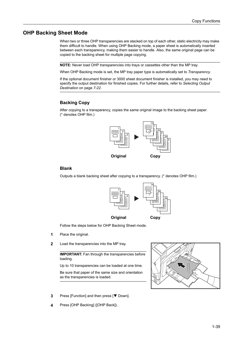 Ohp backing sheet mode, Ohp backing sheet mode -39, Backing copy | Blank | TA Triumph-Adler DCC 2520 User Manual | Page 55 / 378