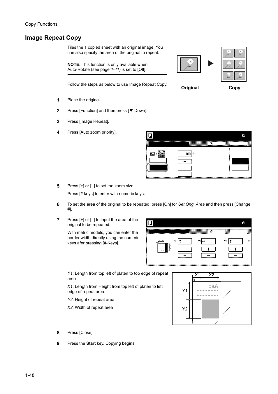 Image repeat copy, Image repeat copy -48, Copy functions 1-48 | Original copy | TA Triumph-Adler DCC 2520 User Manual | Page 64 / 378