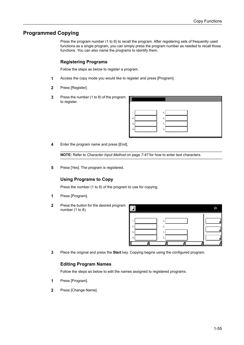 Programmed copying, Programmed copying -55, Registering programs | Using programs to copy, Editing program names | TA Triumph-Adler DCC 2520 User Manual | Page 71 / 378
