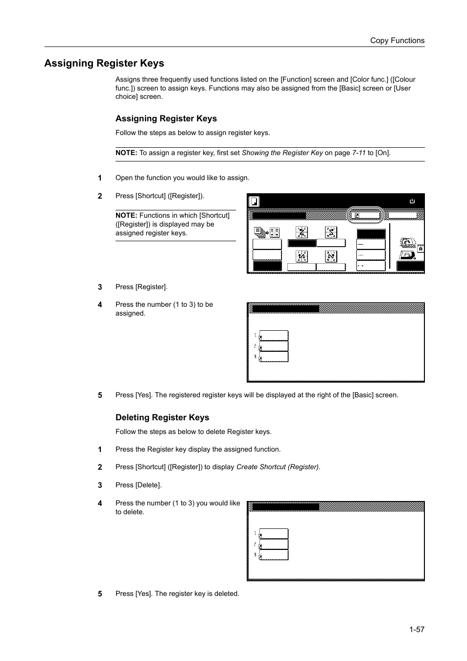 Assigning register keys, Assigning register keys -57, Deleting register keys | Copy functions 1-57 | TA Triumph-Adler DCC 2520 User Manual | Page 73 / 378