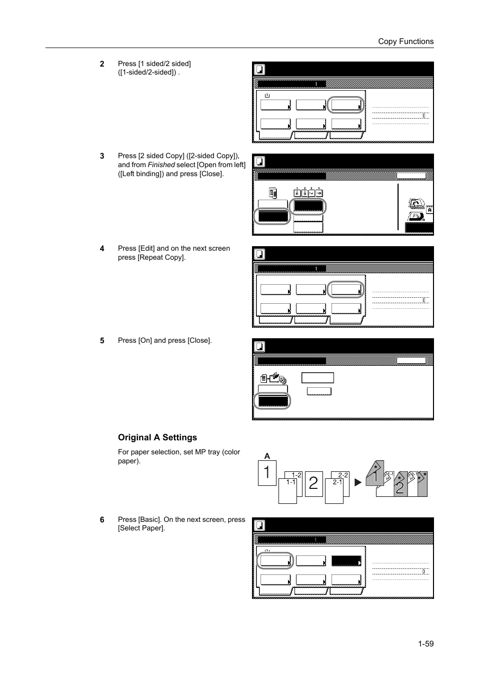 Original a settings, Copy functions 1-59 2, Press [1 sided/2 sided] ([1-sided/2-sided]) | Press [on] and press [close, For paper selection, set mp tray (color paper), Ready to job build, Full-color | TA Triumph-Adler DCC 2520 User Manual | Page 75 / 378