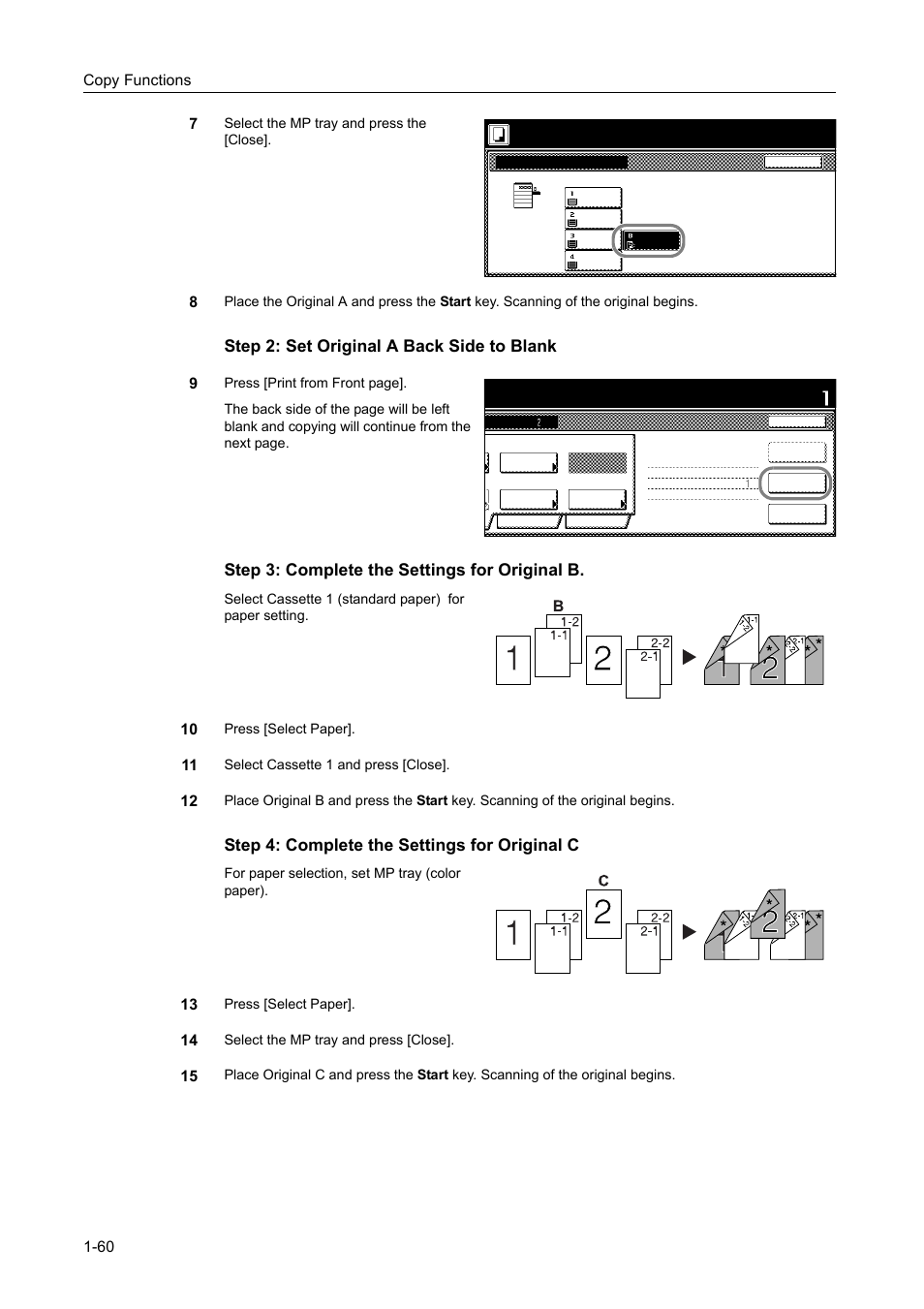 Step 2: set original a back side to blank, Step 3: complete the settings for original b, Step 4: complete the settings for original c | Copy functions 1-60 7 | TA Triumph-Adler DCC 2520 User Manual | Page 76 / 378