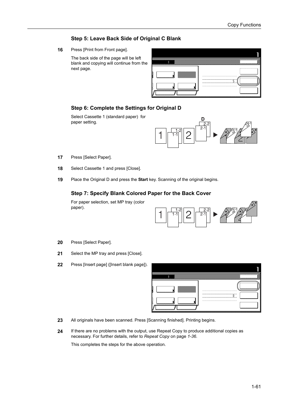 Step 5: leave back side of original c blank, Step 6: complete the settings for original d, Copy functions 1-61 | Press [select paper, Select cassette 1 and press [close, For paper selection, set mp tray (color paper), Select the mp tray and press [close, Press [insert page] ([insert blank page]) | TA Triumph-Adler DCC 2520 User Manual | Page 77 / 378