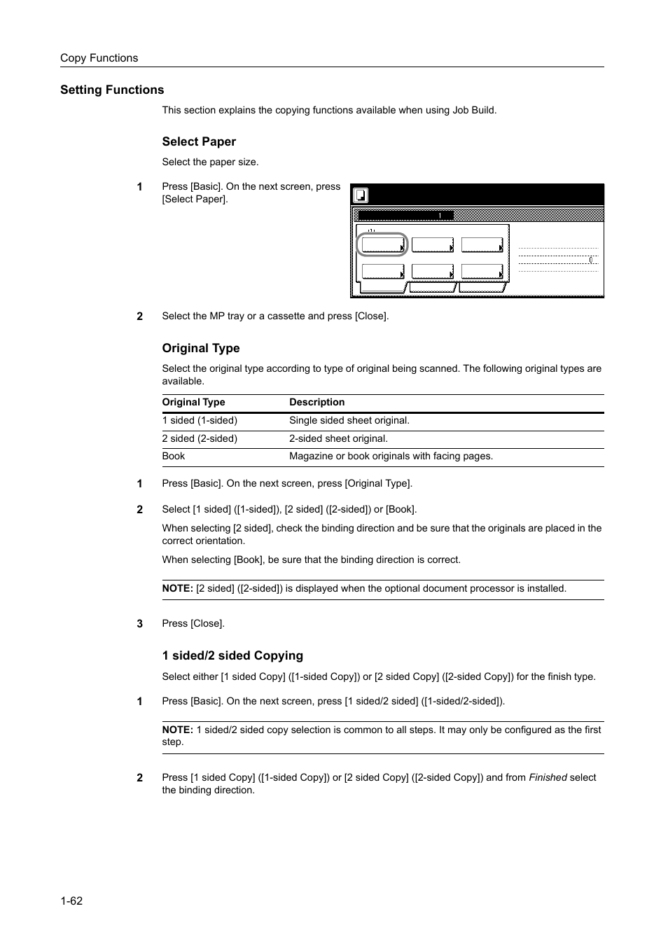 Setting functions, Select paper, Original type | 1 sided/2 sided copying | TA Triumph-Adler DCC 2520 User Manual | Page 78 / 378