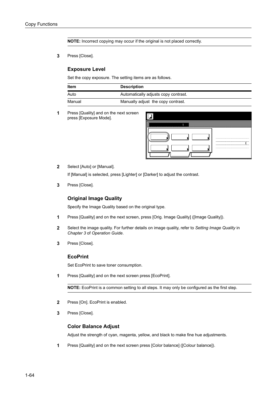 Exposure level, Original image quality, Ecoprint | Color balance adjust | TA Triumph-Adler DCC 2520 User Manual | Page 80 / 378