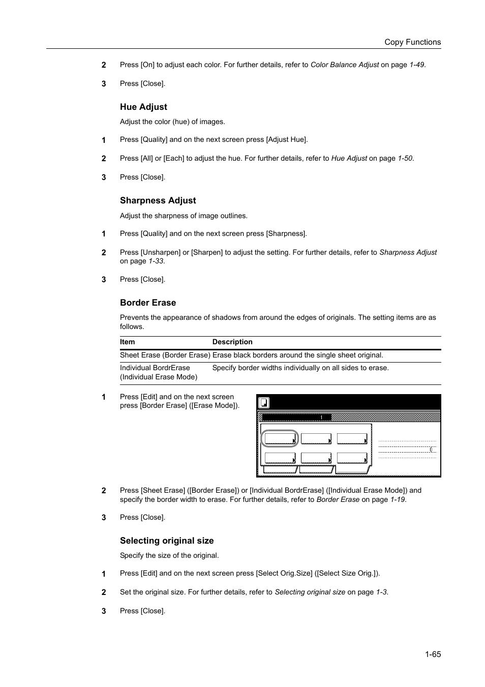 Hue adjust, Sharpness adjust, Border erase | Selecting original size | TA Triumph-Adler DCC 2520 User Manual | Page 81 / 378