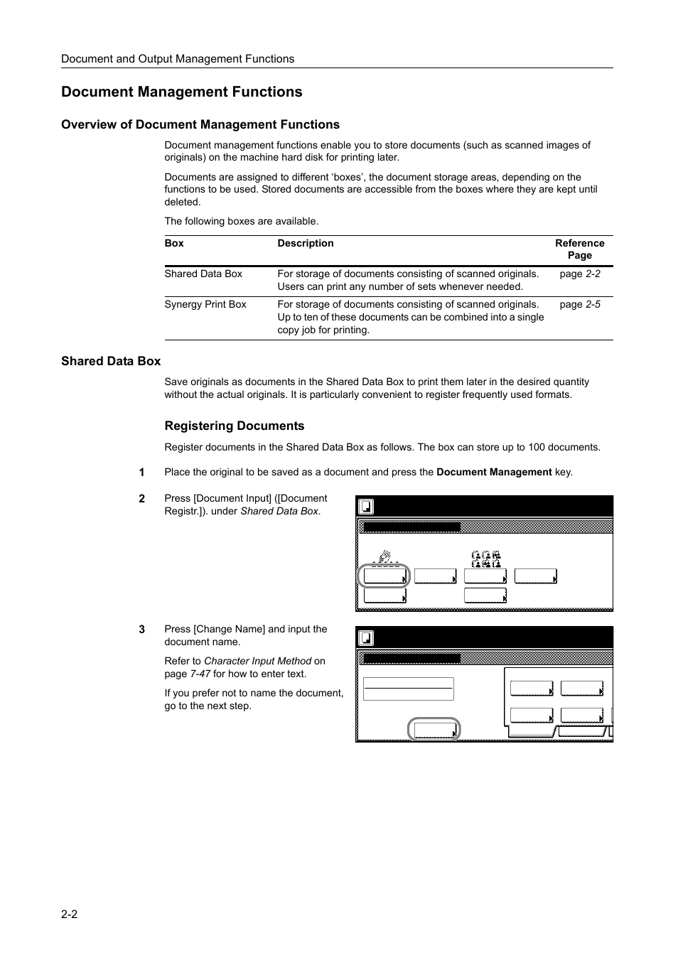 Document management functions, Overview of document management functions, Shared data box | Document management functions -2, Registering documents, Document and output management functions 2-2 | TA Triumph-Adler DCC 2520 User Manual | Page 84 / 378