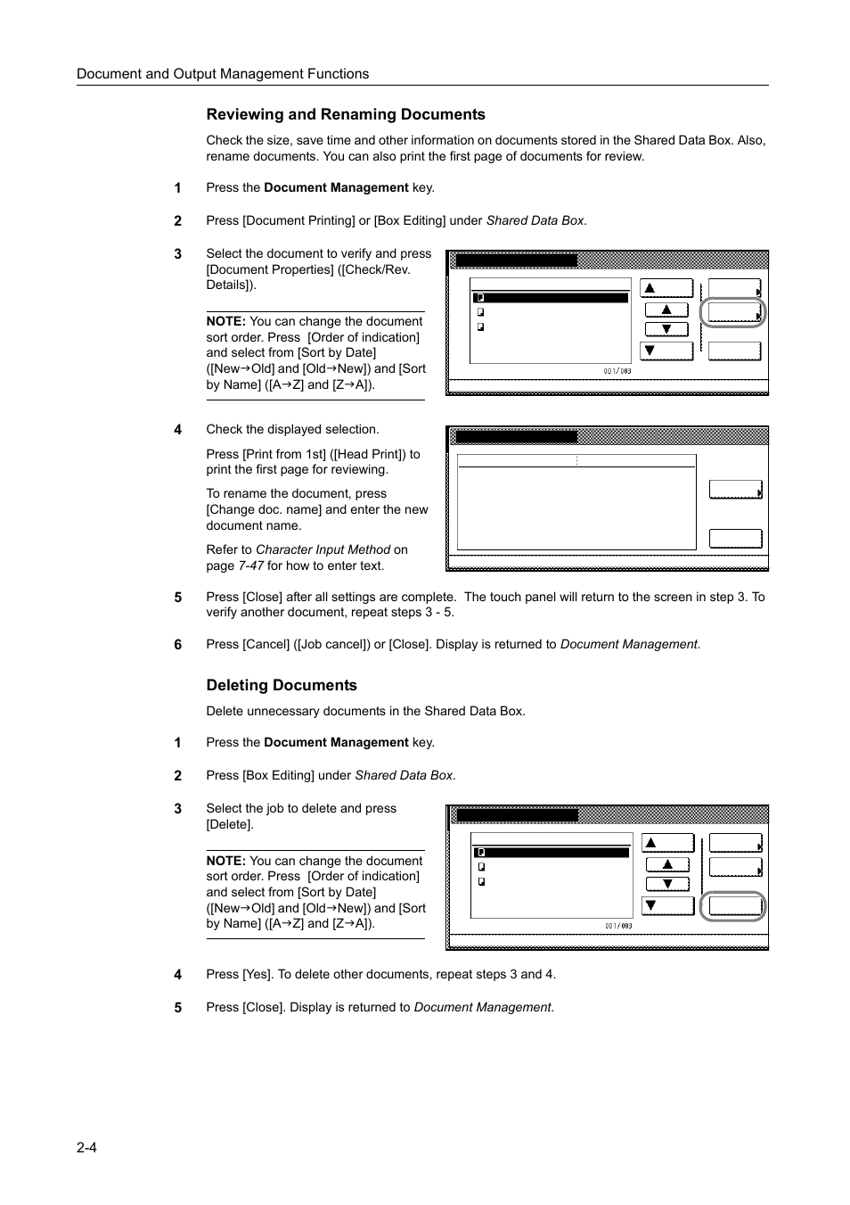 Reviewing and renaming documents, Deleting documents, Document and output management functions 2-4 | Press the document management key, Press [box editing] under shared data box | TA Triumph-Adler DCC 2520 User Manual | Page 86 / 378