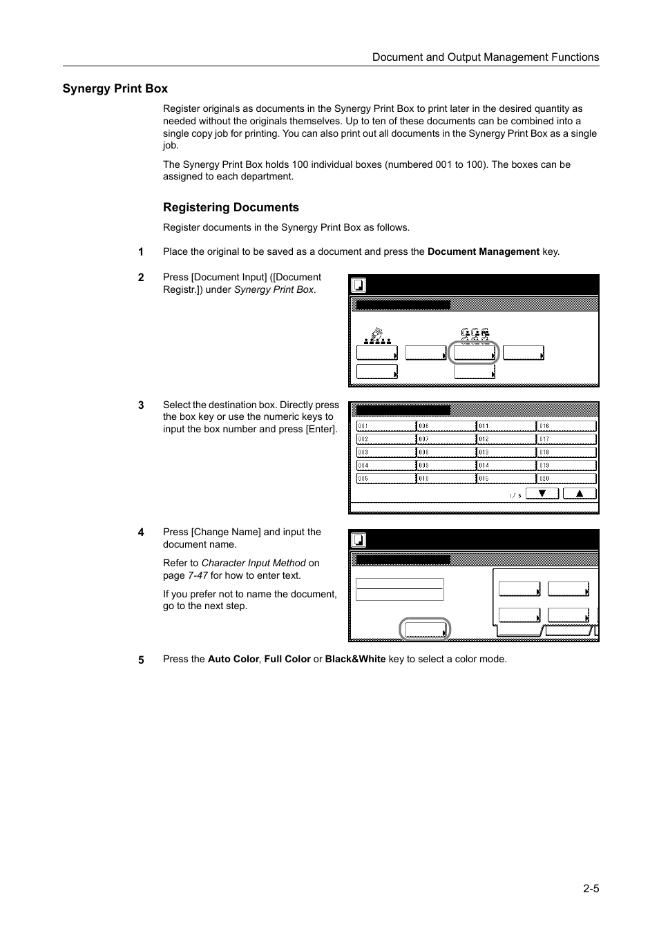Synergy print box, Registering documents, Document and output management functions 2-5 | Select function, Ready to register doc. ( ) full-color | TA Triumph-Adler DCC 2520 User Manual | Page 87 / 378