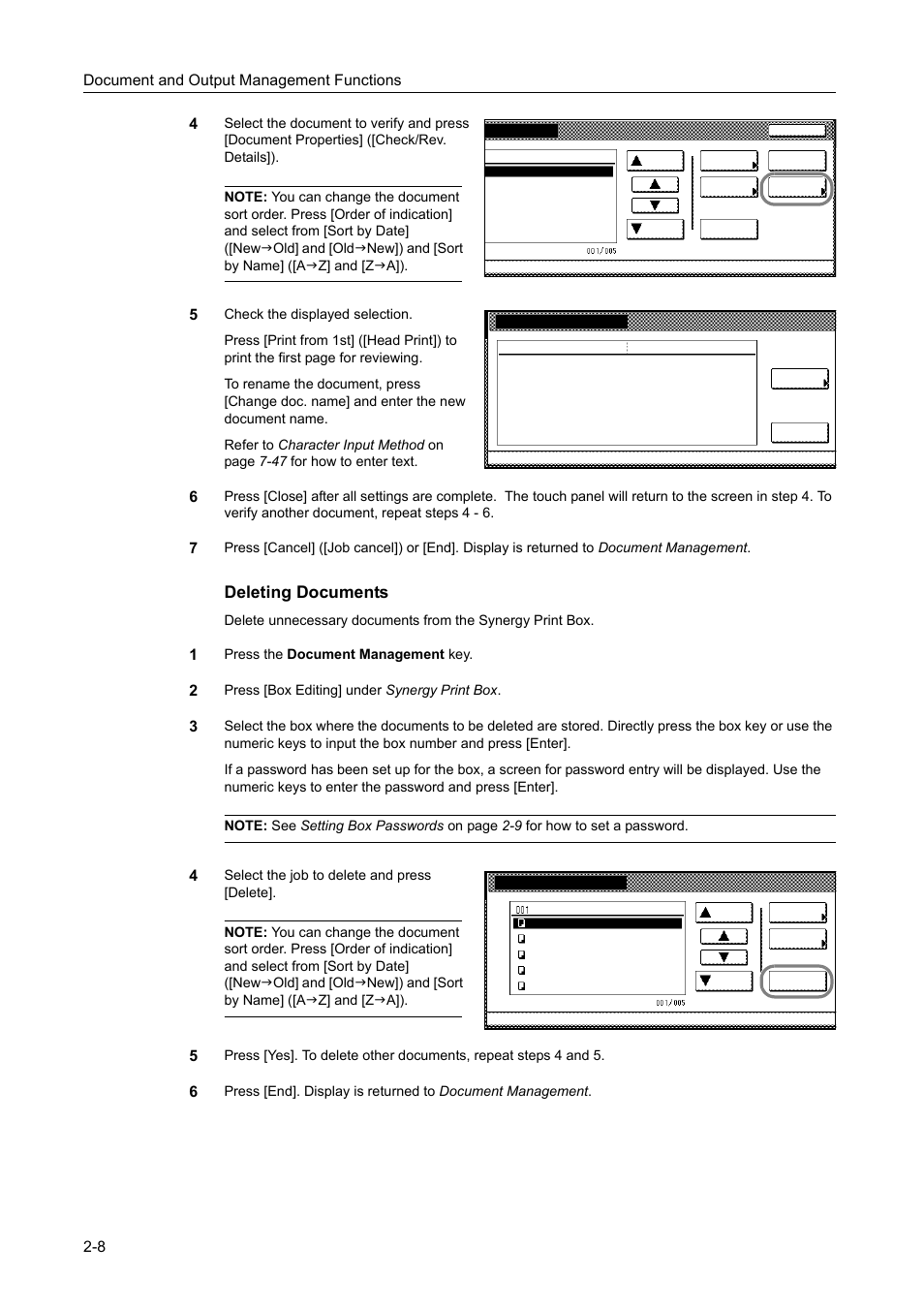 Deleting documents, Document and output management functions 2-8 4, Press the document management key | Press [box editing] under synergy print box | TA Triumph-Adler DCC 2520 User Manual | Page 90 / 378