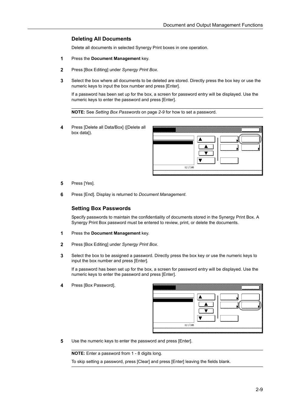 Deleting all documents, Setting box passwords, Document and output management functions 2-9 | TA Triumph-Adler DCC 2520 User Manual | Page 91 / 378