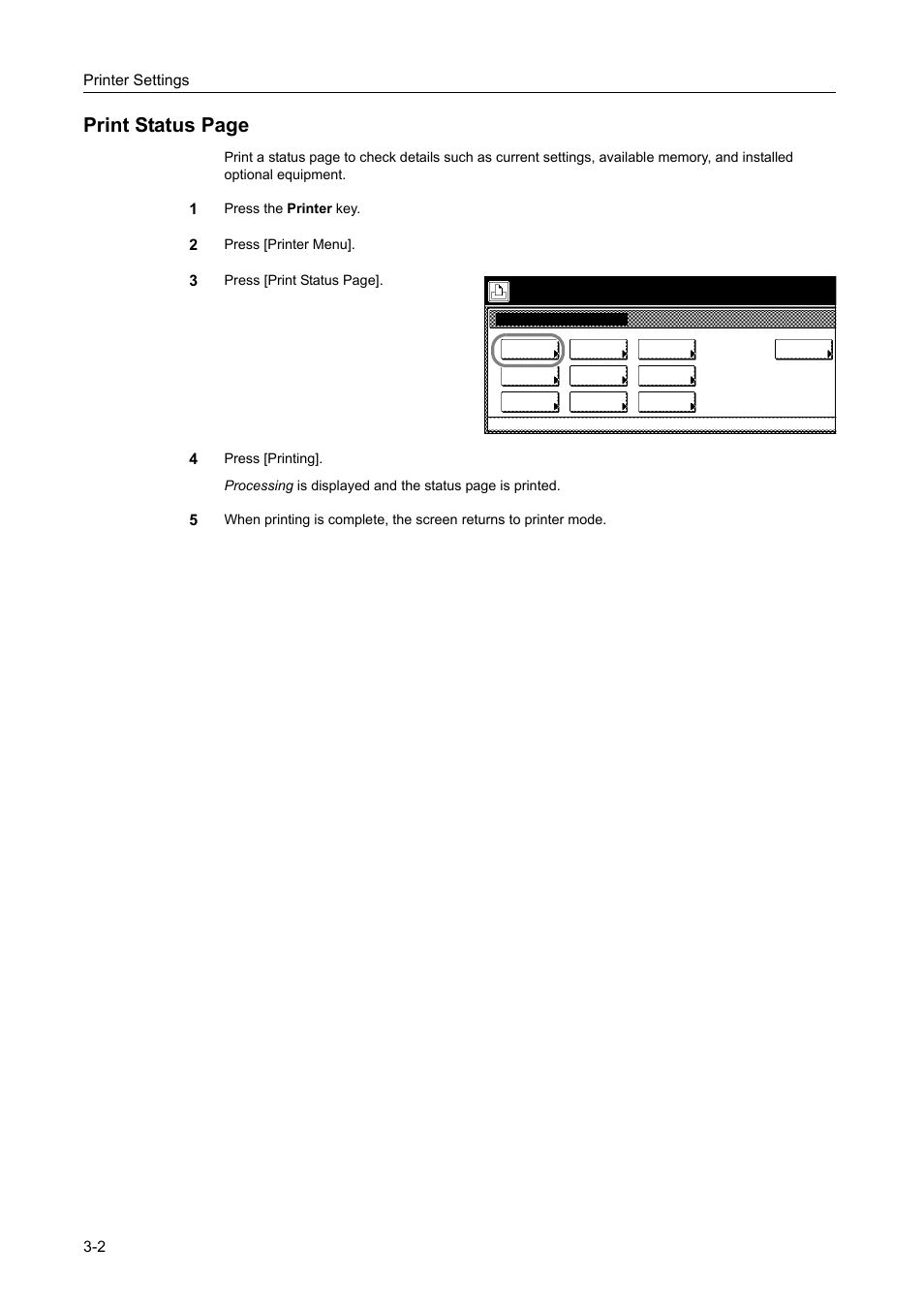 Print status page, Printer settings 3-2 | TA Triumph-Adler DCC 2520 User Manual | Page 96 / 378