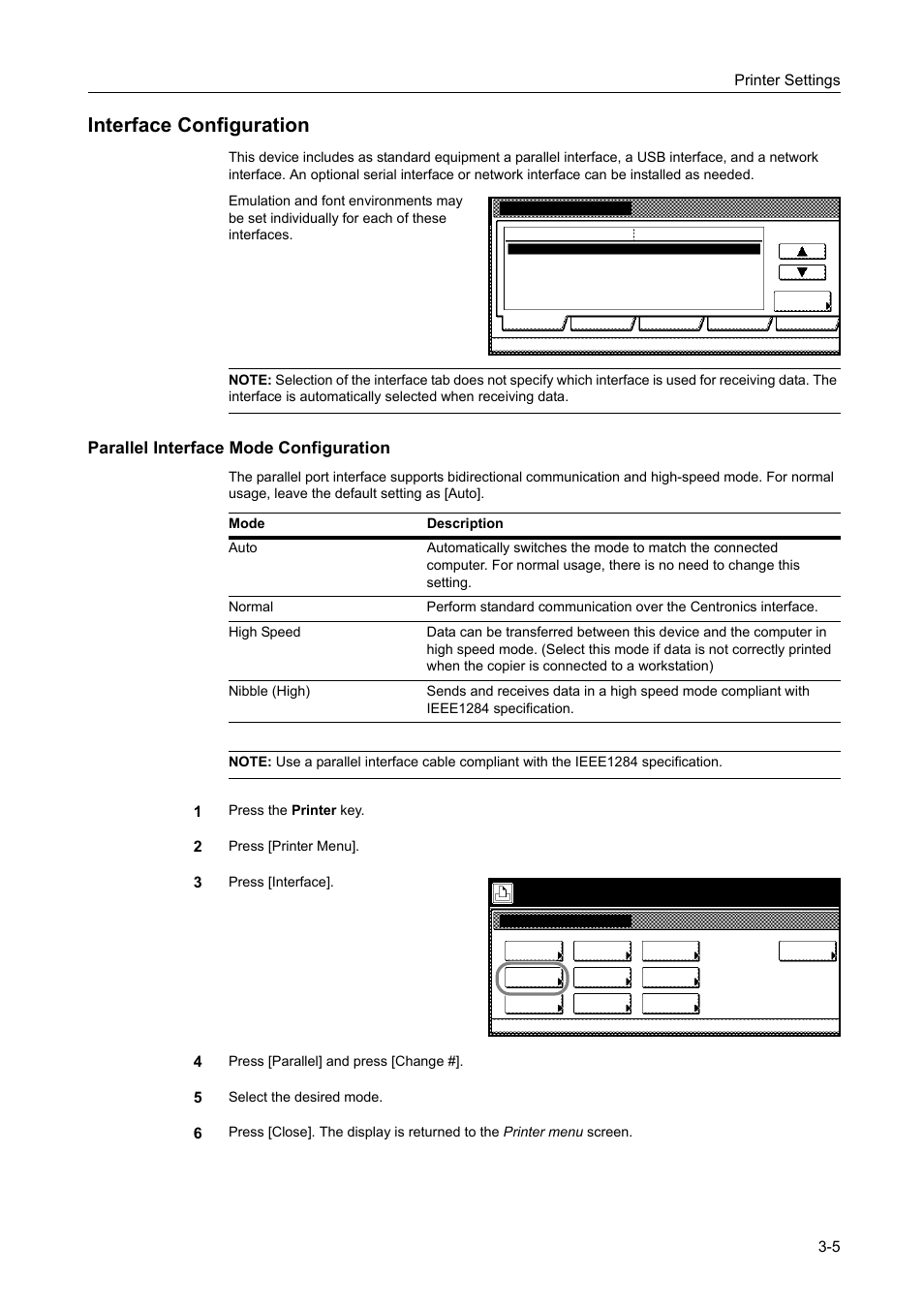 Interface configuration, Parallel interface mode configuration, Interface configuration -5 | Printer settings 3-5 | TA Triumph-Adler DCC 2520 User Manual | Page 99 / 378