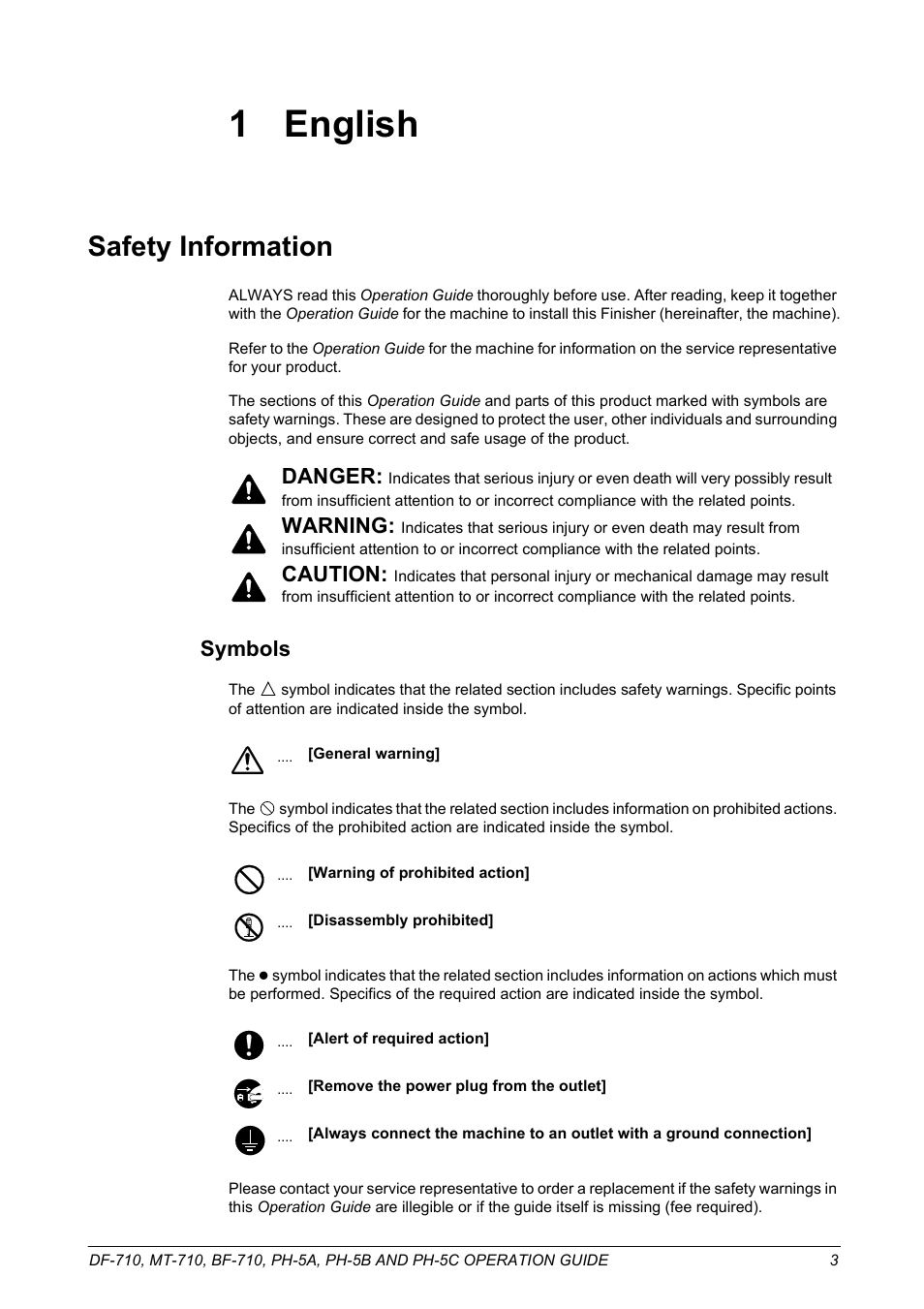 1 english, Safety information, Symbols | Danger, Warning, Caution | TA Triumph-Adler DCC 2520 User Manual | Page 5 / 41