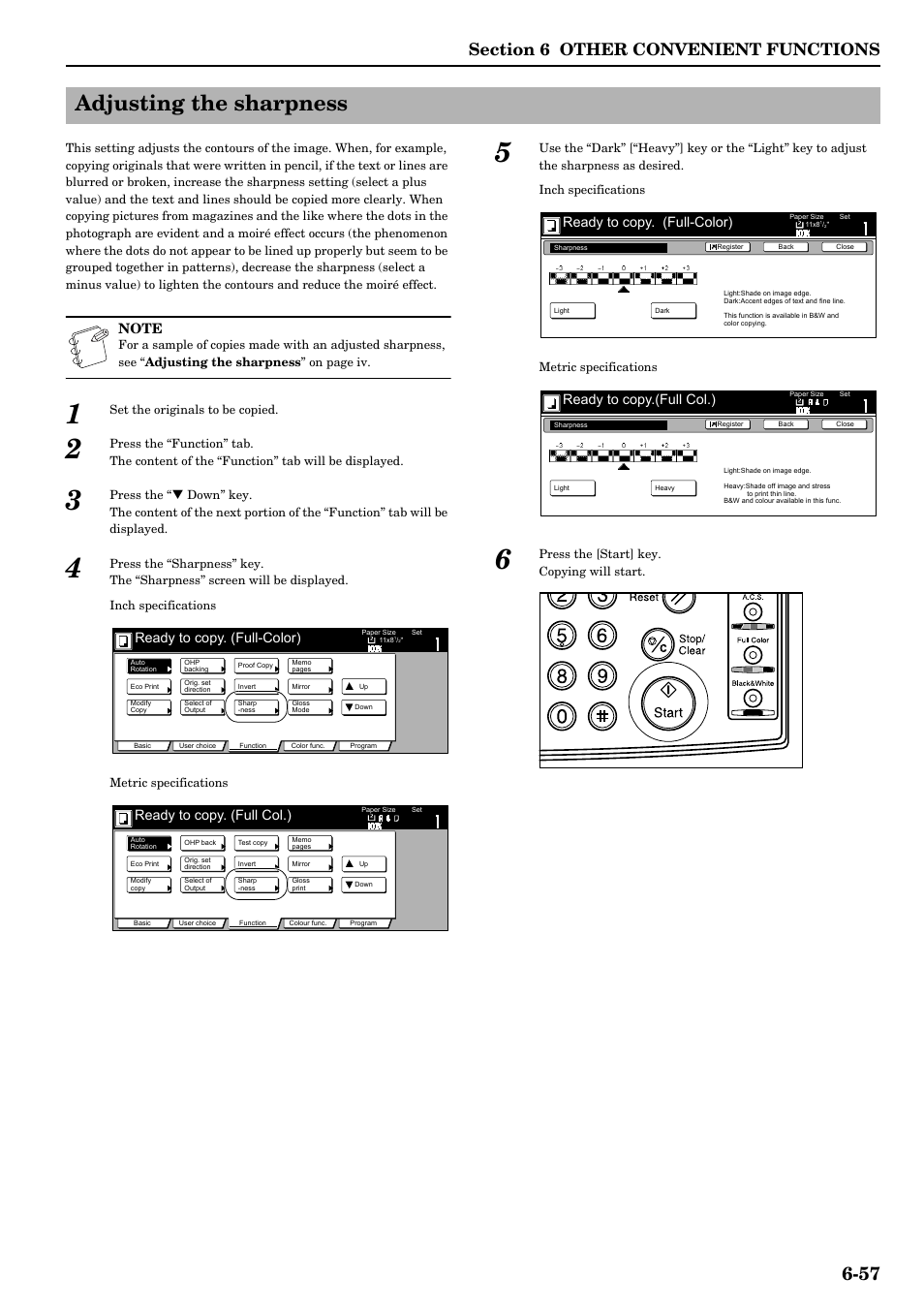 Adjusting the sharpness, Adjusting the sharpness -57, Ready to copy. (full-color) | Ready to copy. (full col.), Ready to copy.(full col.) | TA Triumph-Adler DCC 2526 User Manual | Page 105 / 311