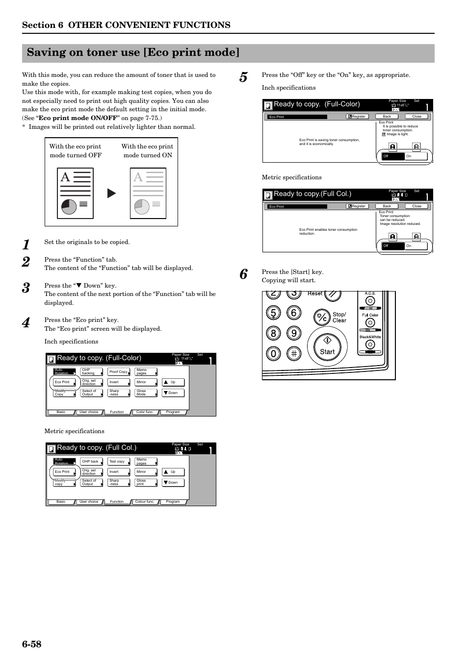 Saving on toner use [eco print mode, Saving on toner use [eco print mode] -58, Ready to copy. (full-color) | Ready to copy. (full col.), Ready to copy.(full col.) | TA Triumph-Adler DCC 2526 User Manual | Page 106 / 311