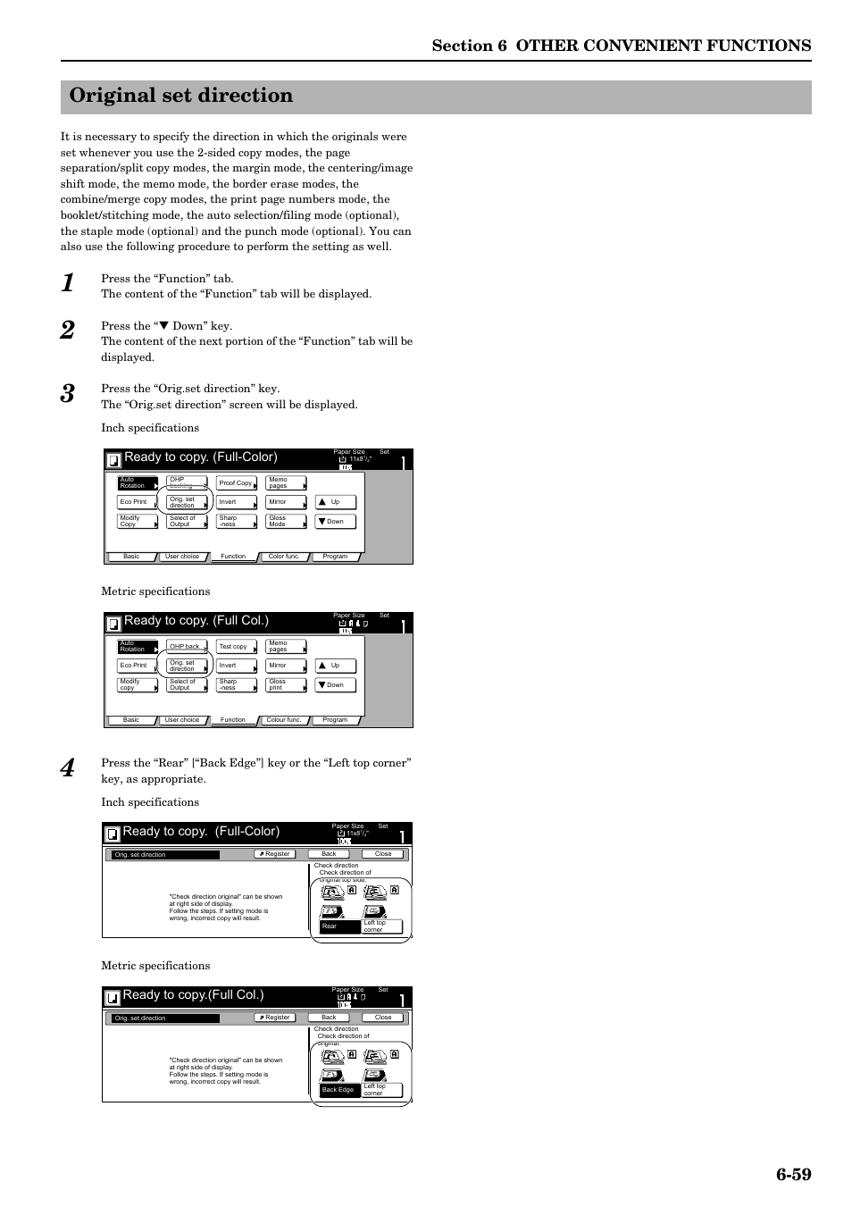 Original set direction, Original set direction -59, Ready to copy. (full-color) | Ready to copy. (full col.), Ready to copy.(full col.) | TA Triumph-Adler DCC 2526 User Manual | Page 107 / 311