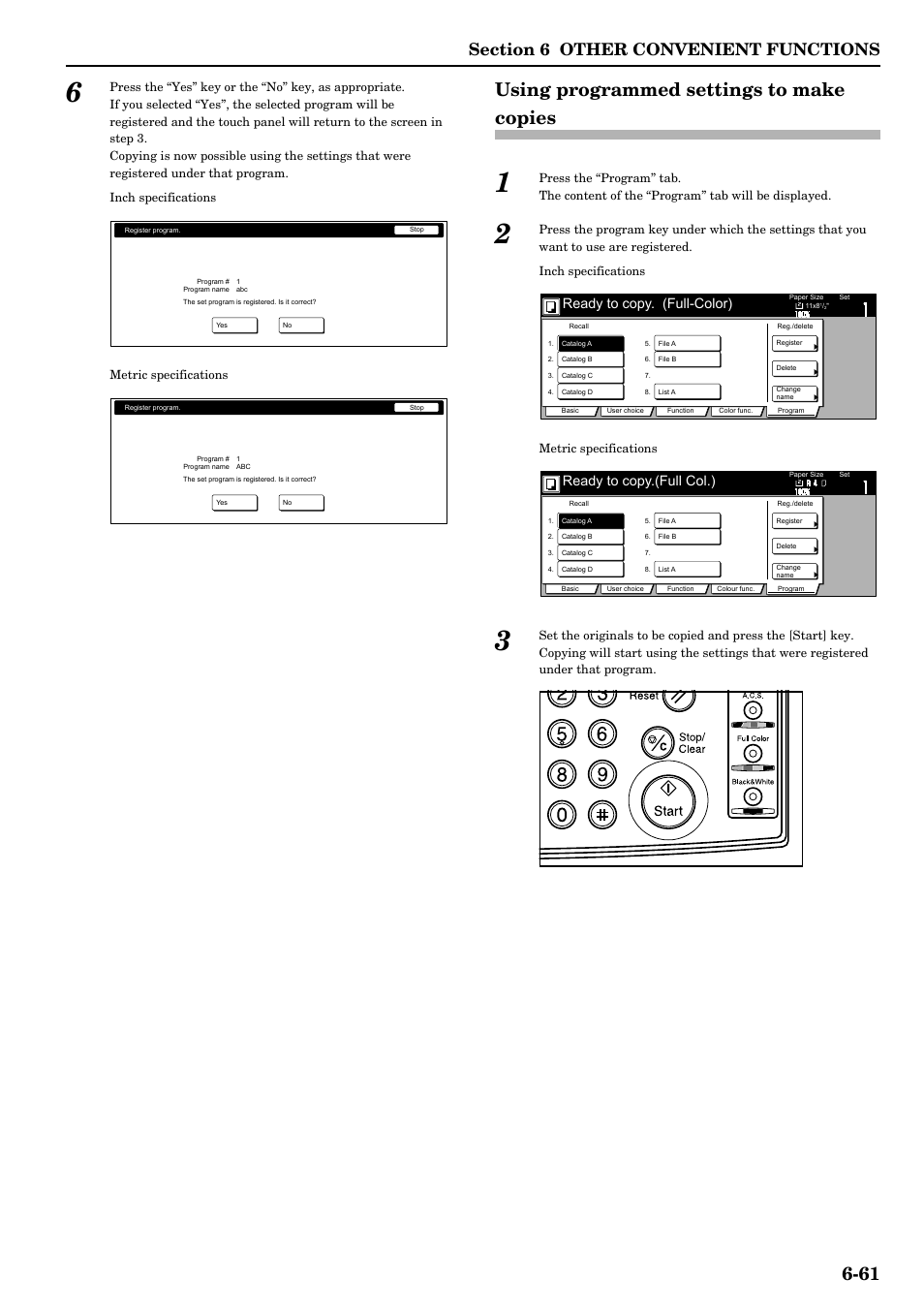 Using programmed settings to make copies, Using programmed settings to make copies -61, Ready to copy. (full-color) | Ready to copy.(full col.) | TA Triumph-Adler DCC 2526 User Manual | Page 109 / 311