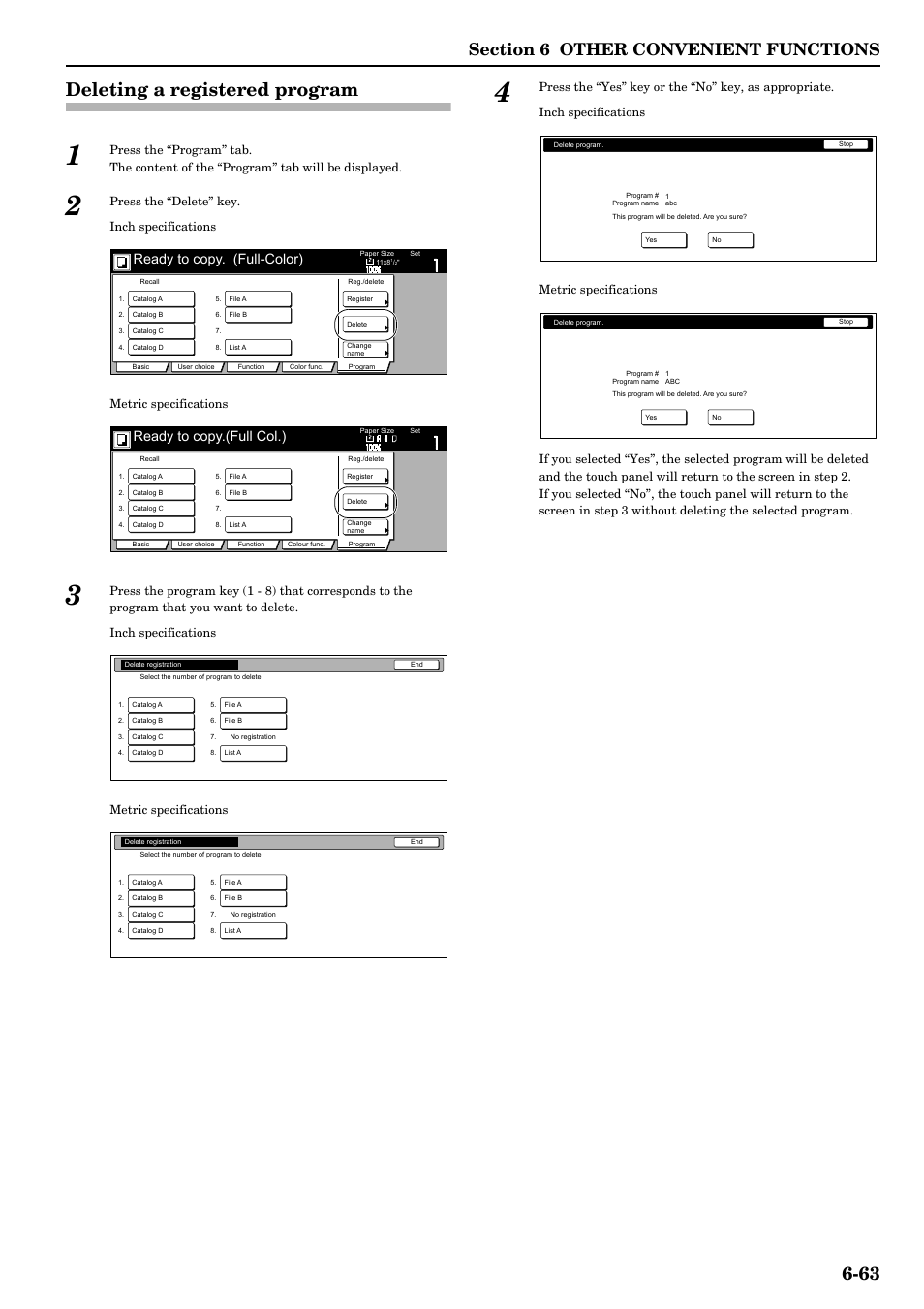 Deleting a registered program, Deleting a registered program -63, 63 deleting a registered program | Ready to copy. (full-color), Ready to copy.(full col.) | TA Triumph-Adler DCC 2526 User Manual | Page 111 / 311