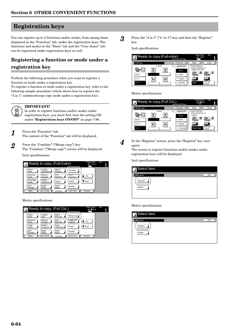 Registration keys, Registration keys -64, Important | Ready to copy. (full-color), Ready to copy. (full col.), Ready to copy.(full-color), Ready to copy.(full col.), Select item | TA Triumph-Adler DCC 2526 User Manual | Page 112 / 311