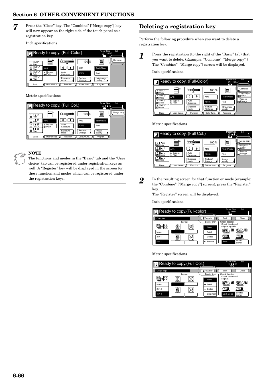 Deleting a registration key, Deleting a registration key -66, Ready to copy. (full-color) | Ready to copy. (full col.), Ready to copy.(full-color), Ready to copy.(full col.) | TA Triumph-Adler DCC 2526 User Manual | Page 114 / 311